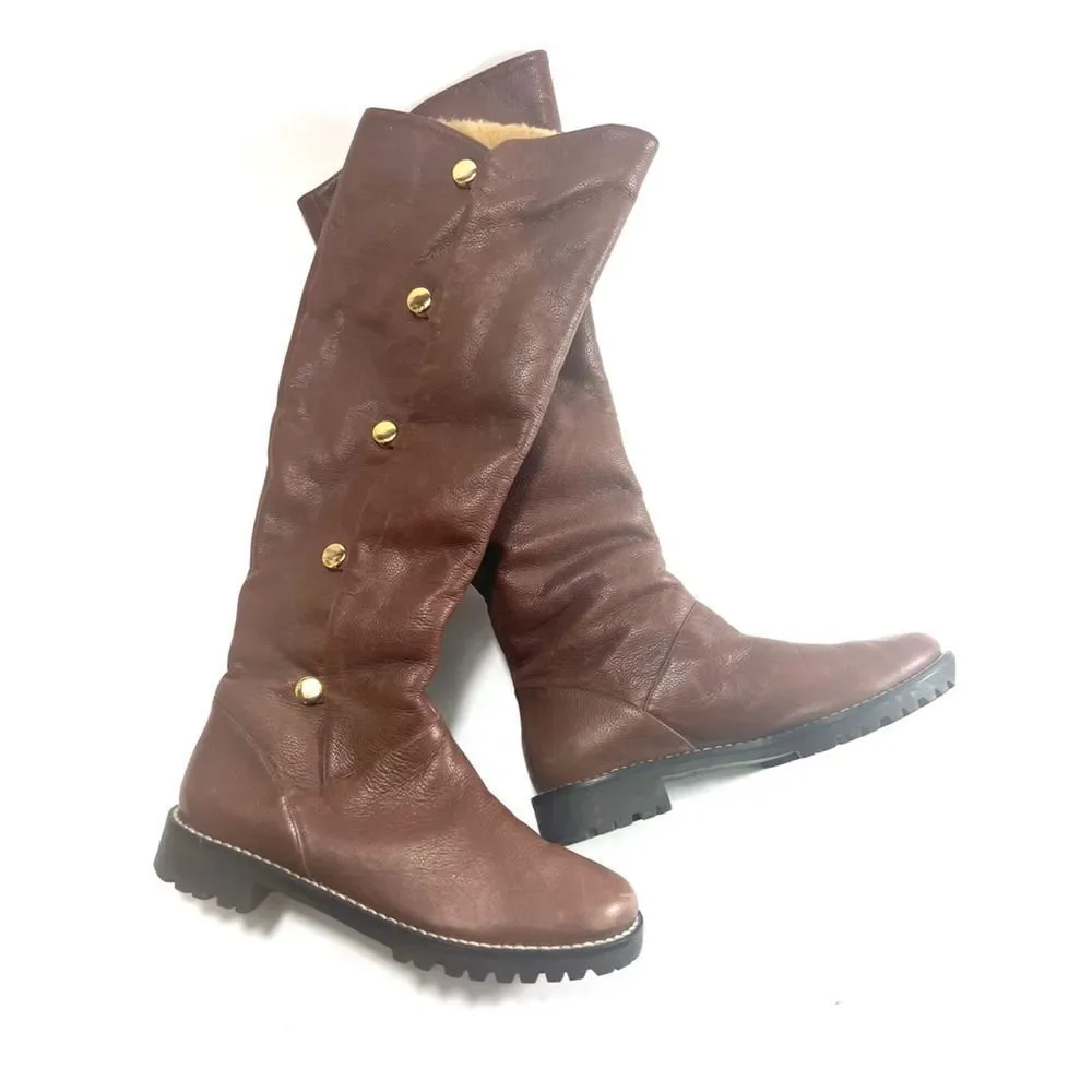 Michael Kors Womens Riding Boots Brown Leather Knee High Faux Fur Lined 8.5 M
